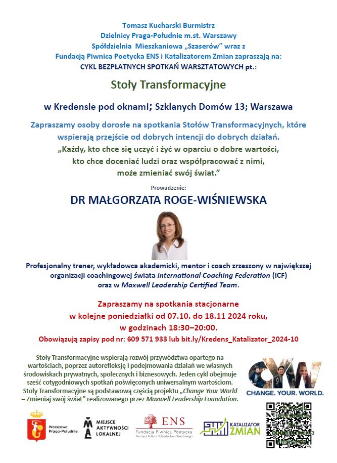 Cykl bezpłatnych warsztatów 'Stoły Transformacyjne'. Dr Małgorzata Wiśniewska Roge u nas! Zapraszamy