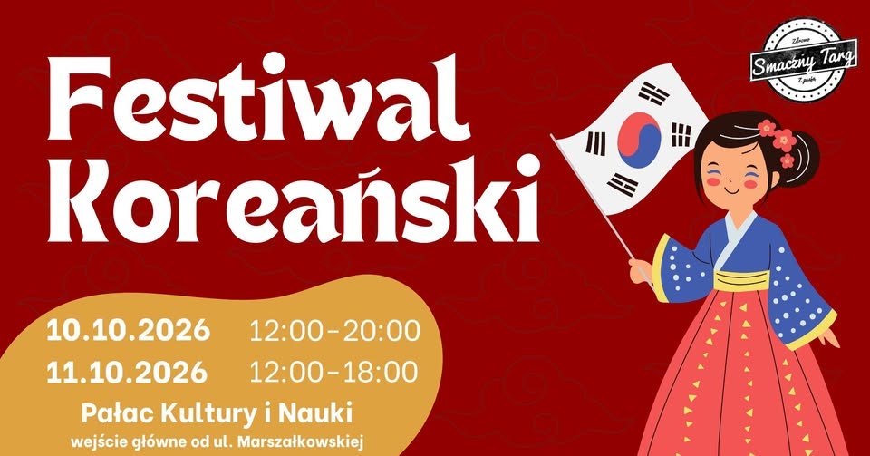 Plakat promocyjny Korean Festival 2026 z rysunkową dziewczynką w tradycyjnym hanbok trzymającą flagę Korei Południowej, wydarzenie 10–11 października w Pałacu Kultury i Nauki w Warszawie