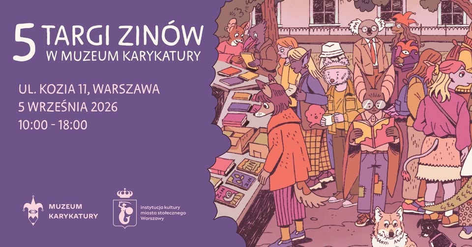 5-й ярмарок зінів у Музеї карикатури у Варшаві – ілюстрований промо-плакат із антропоморфними тваринами, які переглядають книги біля прилавка на вуличному ярмарку, подія 5 вересня 2026, ul. Kozia 11, 10:00–18:00
