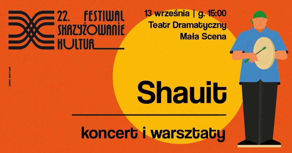 Ілюстрований плакат: концерт і майстер-класи Shauit на 22nd Crossing Cultures Festival, музикант грає на рамному барабані на помаранчевому тлі