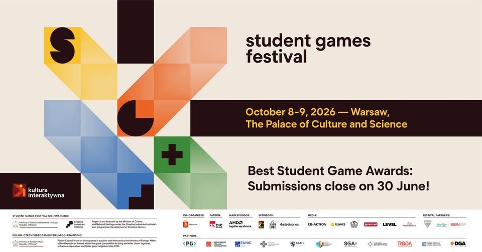 Plakat promocyjny Student Games Festival 2026 – wydarzenie zaplanowane na 8–9 października w Warszawie w Pałacu Kultury i Nauki, z nagrodami Best Student Game Awards, zgłoszenia kończą się 30 czerwca