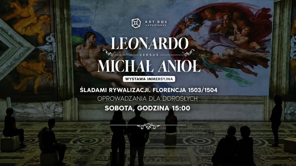 Immersyjna wystawa 'Leonardo versus Michelangelo' by Art-Box Experience – sylwetki odwiedzających oglądających projekcje renesansowych arcydzieł, w tym Kaplicę Sykstyńską, sobota o 15:00
