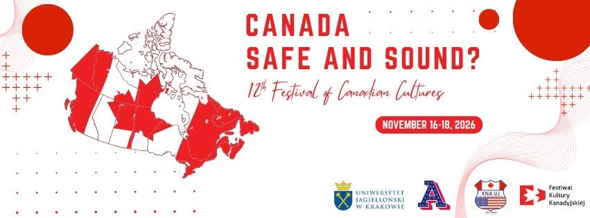 Kanada: bezpieczna i spokojna? – 12. Festiwal kultur kanadyjskich, 16–18 listopada 2026, organizowany przez Uniwersytet Jagielloński w Krakowie; czerwona mapa Kanady w kształcie liścia klonu na białym tle, wyrazista czerwona typografia i logotypy partnerów