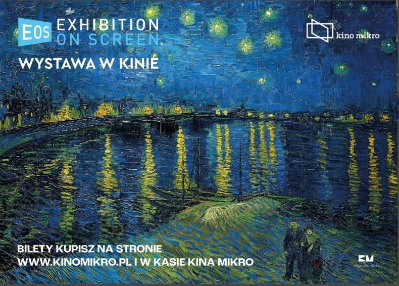 Exhibition on Screen – Starry Night Over the Rhône by Van Gogh, cinema screening event poster for Kino Mikro featuring swirling blue night sky, glowing stars and golden reflections on the river