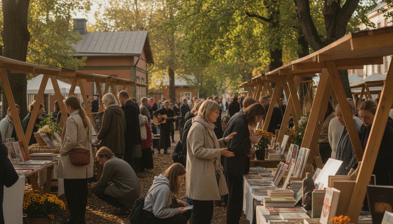 Культурний фестиваль у незалежному міському поселенні, відвідувачі переглядають книги та мистецтво на відкритих ринкових стендах серед зелені й дерев'яних будівель